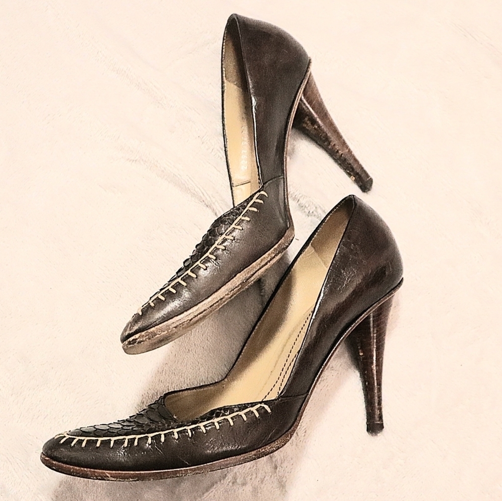 VINTAGE YSL HEELS 37.5/7 Yves Saint Laurent Brown Classic Exotic Leather 80s 90s - Picture 7 of 10